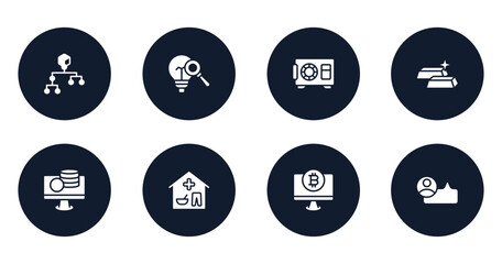 marketing & seo filled icons set. flat filled icons sheet included flow diagram, finding, safety box, ingots, online money, basic needs, computers, viral marketing vector.
