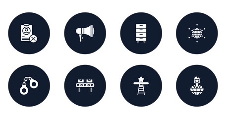 global business filled icons set. flat filled icons sheet included uneducated, bullhorn, cabinet, free trade, handcuffs, manufacture, shortcut, entrepreneur vector. - obrazy, fototapety, plakaty