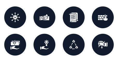 economy filled icons set. flat filled icons sheet included centralized, checkbook, white paper, firewall, responsability, rewards, distributed, outcome vector.