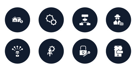 marketing & seo filled icons set. flat filled icons sheet included real state, optimization, flowchart, anonymous, influencer, workplace, locker, smartphones vector.