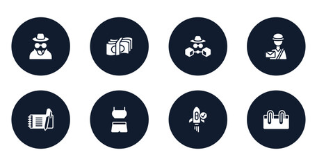 management filled icons set. flat filled icons sheet included spy, cash money, annonymous, mailman, check book, sport clothes, approved, attachment vector.