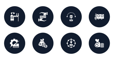 money management filled icons set. flat filled icons sheet included drawers, crowdfunding, visitor, video card, productivity, fund, affiliate, rich vector.