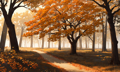 가을 나무, 낙엽, 숲 속 풍경
