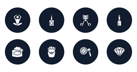 beautiful filled icons set. flat filled icons sheet included meditation, parfum bottle, eyelash curler, lipstick cosmetic, soap bar, man with moustache and bear, cheek brush, big diamond vector.
