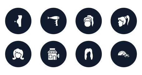 sauna filled icons set. flat filled icons sheet included liposuction, hairdryer side view, female head with ponytail, female head, woman hair, barber, female hair, pressure vector.
