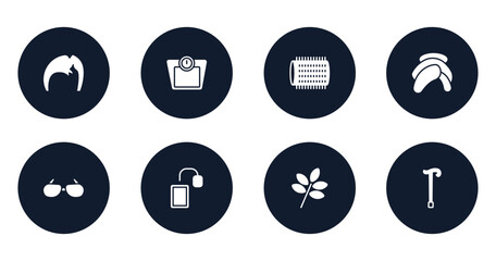 hipster filled icons set. flat filled icons sheet included man hair, weighing scale, hair roller, head towel, sun glasses, tea bag, herbs, cane vector.