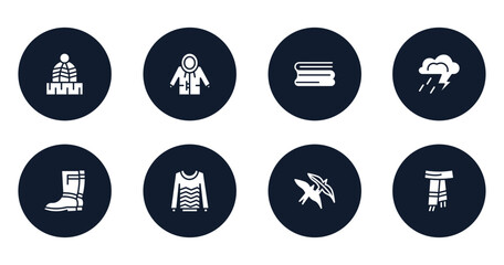 autumn filled icons set. flat filled icons sheet included winter hat, raincoat, blanket, storm, rain boots, sweater, bird migration, scarf vector.