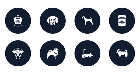 dog breeds fullbody filled icons set. flat filled icons sheet included pet clothing, dog puppy, airedale, pet food, sawfly, pomeranian, laying cat, shih tzu vector.