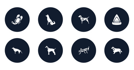 dog breeds fullbody filled icons set. flat filled icons sheet included scorpio, akitas, german shorthaired pointer, cat playhouse, german sheperd, afghan hound, locust, english cocker spaniel