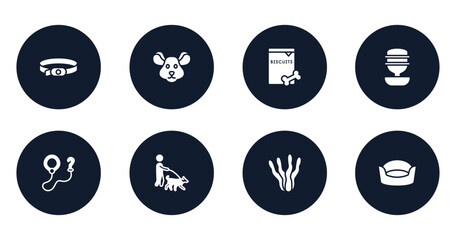 pet shop filled icons set. flat filled icons sheet included dog collar, mouse head, biscuits, water replenisher, leash, dog walker, aae, cat bed vector.