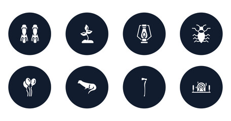 diving filled icons set. flat filled icons sheet included flippers, soil, oil lamp, antlion, balloons, otter, axe, underwater photography vector.