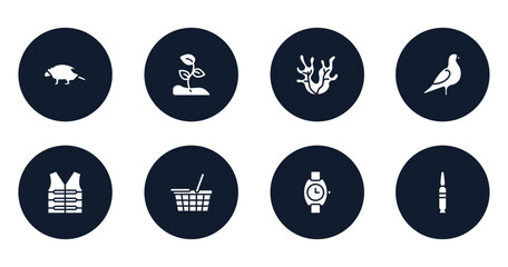 hunting filled icons set. flat filled icons sheet included porcupine, sprout, seaweed, pigeon, lifejacket, food basket, wristwatch, bullets vector.