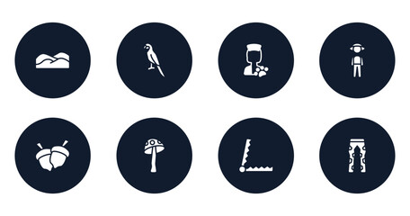 desert filled icons set. flat filled icons sheet included dunes, parrot, veterinarian, guard, hazelnut, amanita, trap, fatigue vector.