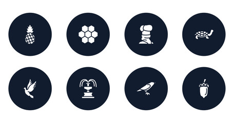 nature filled icons set. flat filled icons sheet included pine, moss, turban, tortoise, dove, fountain, crow, acorn vector.