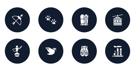 desert filled icons set. flat filled icons sheet included bow and arrow, pawprints, sarcophagus, cable car, hookah, dove, vest, relics vector.