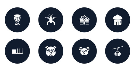 winter nature filled icons set. flat filled icons sheet included african drum, gerridae, cabin, hut, apartheid museum, panda, koala, cable car cabin vector.