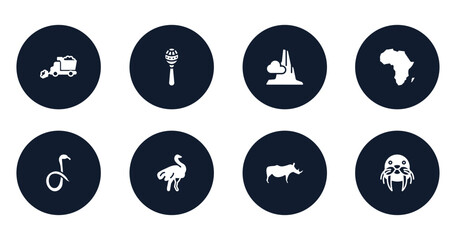 animals filled icons set. flat filled icons sheet included snowplow, maracas, pico cao, africa, snake, ostrich, rhino, walrus vector.