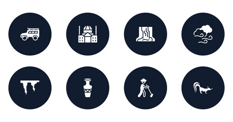 winter nature filled icons set. flat filled icons sheet included , basilica, waterfall, windy, icicle, vase, gardener, skunk vector.