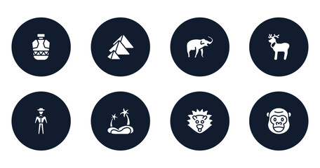 animals filled icons set. flat filled icons sheet included canteen, pyramid, safari, reindeer, trainer, oasis, hedgehog, gorilla vector.