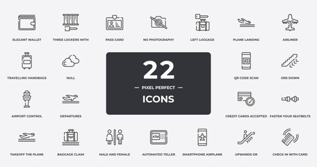 in the frontier outline icons set. thin line icons sheet included elegant wallet, pass card, left luggage, airliner, ors down, baggage claim, upwards or, check in with card vector. - obrazy, fototapety, plakaty