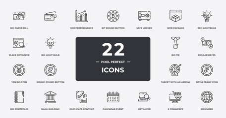 business and finance outline icons set. thin line icons sheet included big paper bill, seo performance, safe locker, eco lightbulb, dollar rates, bank building, e commerce, big globe vector.