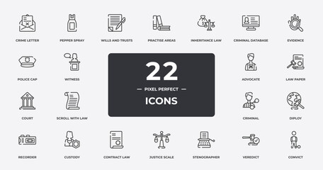 law and justice outline icons set. thin line icons sheet included crime letter, wills and trusts, inheritance law, evidence, law paper, custody, veredict, convict vector. - obrazy, fototapety, plakaty
