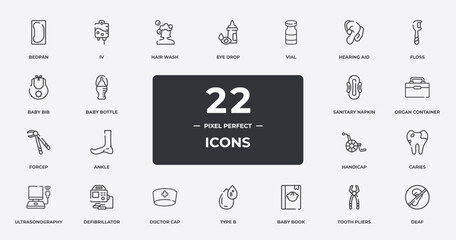 disabled people outline icons set. thin line icons sheet included bedpan, hair wash, vial, floss, organ container, defibrillator, tooth pliers, deaf vector.