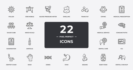 dental care outline icons set. thin line icons sheet included pollen, blood pressure meter, trans fat, medical prescription, conjunctivitis, rash, baby food, dental checkup vector.