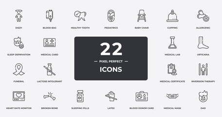 baby outline icons set. thin line icons sheet included dizzy, healthy tooth, baby chair, allergenic, urticaria, broken bone, medical mask, dad vector.