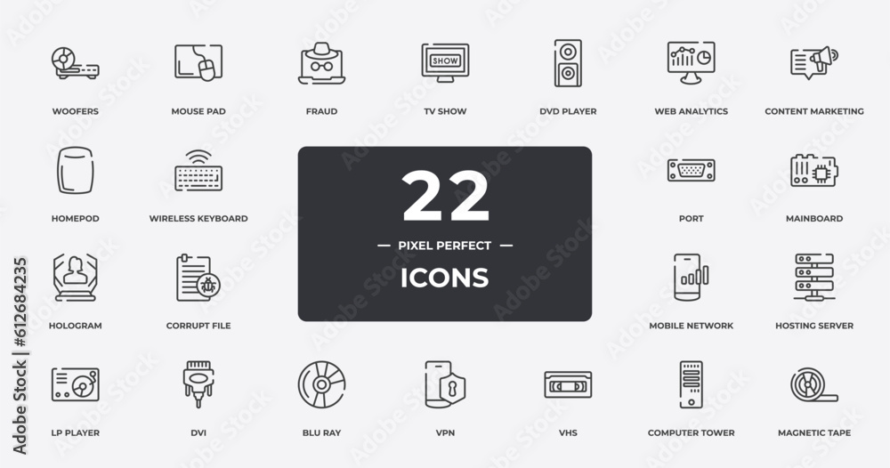 Poster computer functions outline icons set. thin line icons sheet included woofers, fraud, dvd player, con