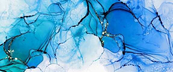 Alcohol ink background with bright blue color mix, golden paths elements, contemporary art, hand painted artwork, strong texture, wallpaper, interior, graphic for book cover or brochure - 612684201