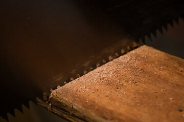 Person cutting wood with handsaw (detail)