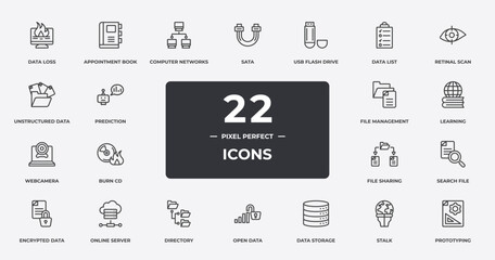 computer applications outline icons set. thin line icons sheet included data loss, computer networks, usb flash drive, retinal scan, learning, online server, stalk, prototyping vector.