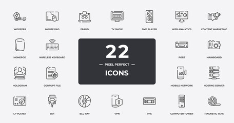 computer functions outline icons set. thin line icons sheet included woofers, fraud, dvd player, content marketing, mainboard, dvi, computer tower, magnetic tape vector.