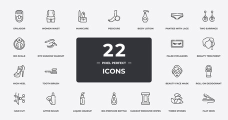 beauty salon outline icons set. thin line icons sheet included epilador, manicure, body lotion, two earrings, beauty treatment, after shave, three stones, flat iron vector.