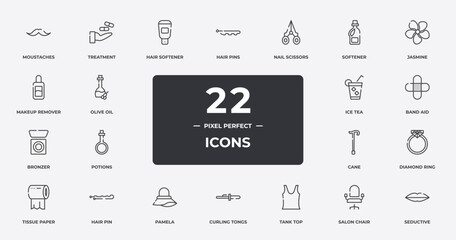 beauty outline icons set. thin line icons sheet included moustaches, hair softener, nail scissors, jasmine, band aid, hair pin, salon chair, seductive vector.