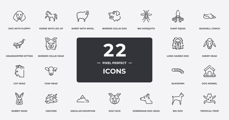 free animals outline icons set. thin line icons sheet included dog with floppy ears, sheep with wool, big mosquito, seashell conch, sheep head, unicorn, big dog, tropical frop vector.