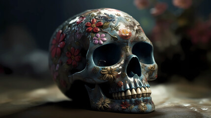 Ritual Mexican skull decorated with colorful flowers, straight view.