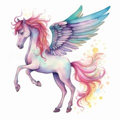 Obraz na płótnie Canvas watercolor pegasus illustration, fairy tale creature, flying stallion, magical animal clip art, isolated on white background, Generative AI