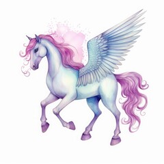 Naklejka na ściany i meble watercolor pegasus illustration, fairy tale creature, flying stallion, magical animal clip art, isolated on white background, Generative AI