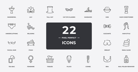 cosmetics outline icons set. thin line icons sheet included washbowl, tall hat, massages, hair conditioner, hair style, femenine, bra, nail polish remover vector.