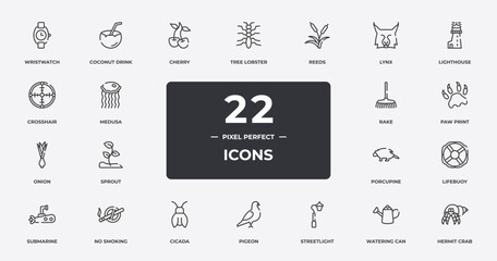 animals outline icons set. thin line icons sheet included wristwatch, cherry, reeds, lighthouse, paw print, no smoking, watering can, hermit crab vector.