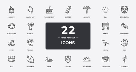 wildlife outline icons set. thin line icons sheet included beehive, picnic basket, amanita, orangutan, pawprints, hazelnut, animal aid, flamingo vector. © VectorStockDesign