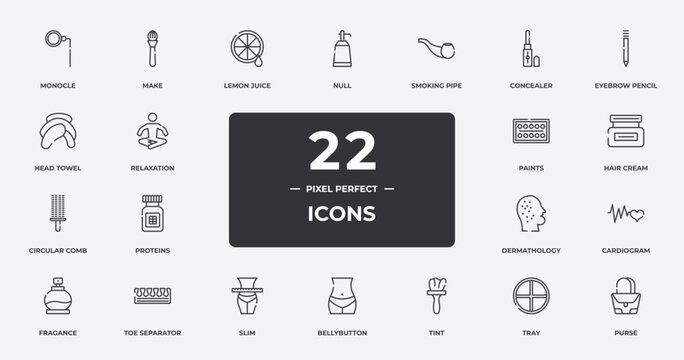 beauty outline icons set. thin line icons sheet included monocle, lemon juice, smoking pipe, eyebrow pencil, hair cream, toe separator, tray, purse vector.