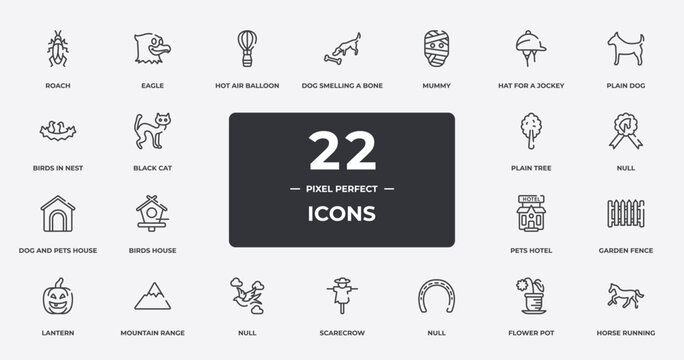 horses outline icons set. thin line icons sheet included roach, hot air balloon, mummy, plain dog, null, mountain range, flower pot, horse running vector.