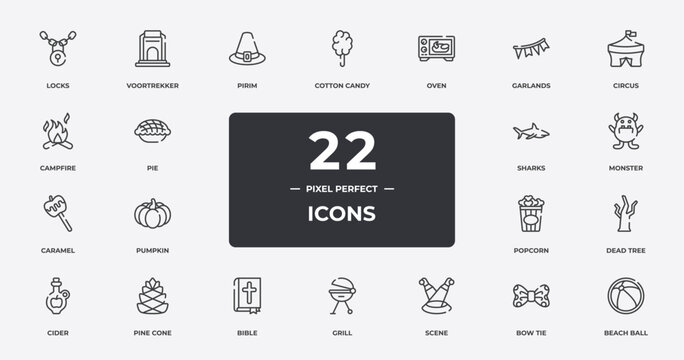 tropical outline icons set. thin line icons sheet included locks, pirim, oven, circus, monster, pine cone, bow tie, beach ball vector.