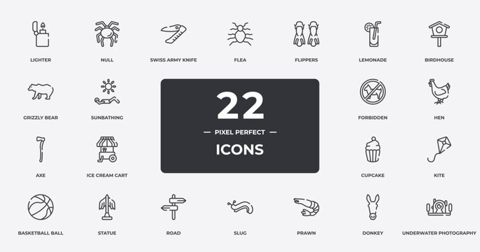 diving outline icons set. thin line icons sheet included lighter, swiss army knife, flippers, birdhouse, hen, statue, donkey, underwater photography vector.
