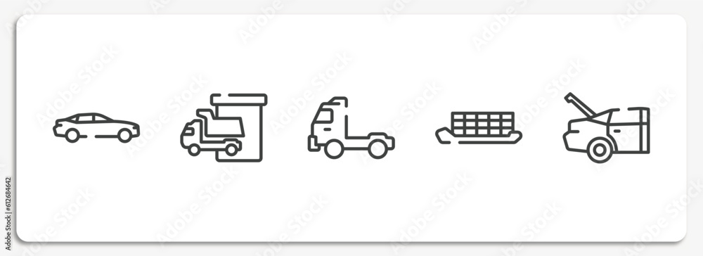 Poster car engine outline icons set. thin line icons sheet included car side view, loading/unloading area, 