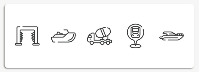 transporters outline icons set. thin line icons sheet included carwash hine, sea scooter, concrete mixer truck side view, checkpoint, yacht side view vector.