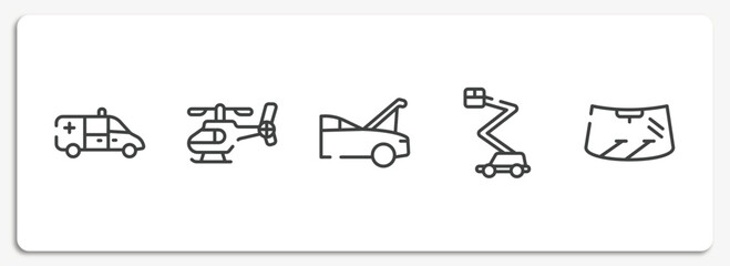 car engine outline icons set. thin line icons sheet included ambulance side view, helicopter side view, hood open, aerial lift, windscreen vector.